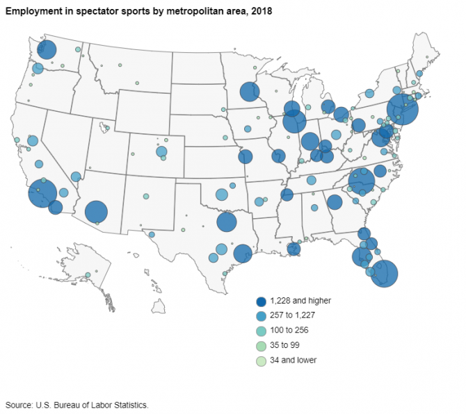 Employment in spectator sports by metropolitan area, 2018