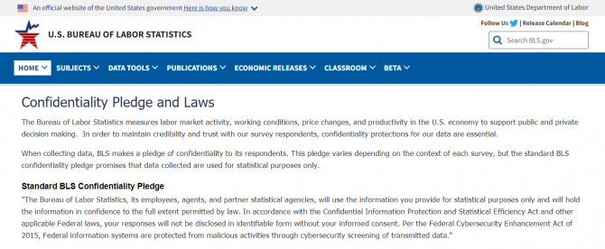 View of the webpage on Confidentiality Pledge and Laws at https://www.bls.gov/bls/confidentiality.htm