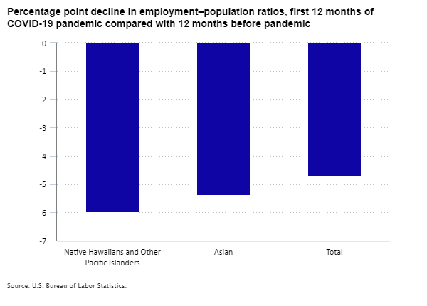 Percentage point decline in employment–population ratios, first 12 months of COVID-19 pandemic compared with 12 months before pandemic