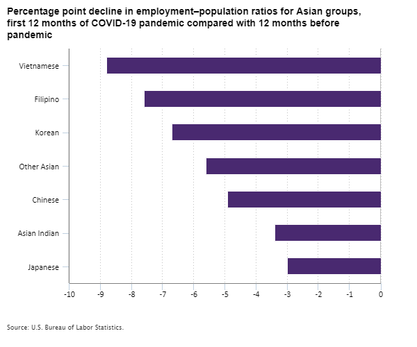 Percentage point decline in employment–population ratios for Asian groups, first 12 months of COVID-19 pandemic compared with 12 months before pandemic