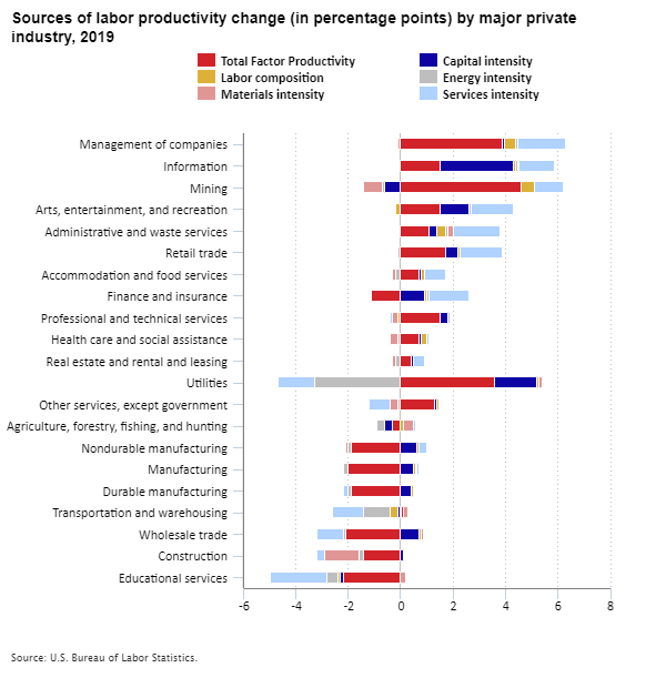 Sources of labor productivity change (in percentage points) by major private industry, 2019