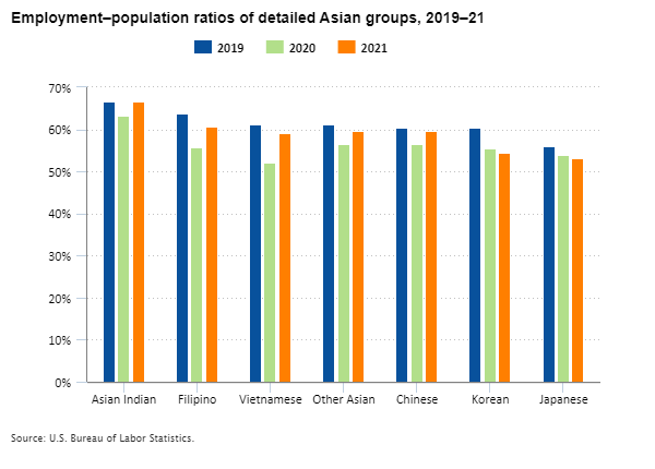 Employment–population ratios of detailed Asian groups, 2019–21