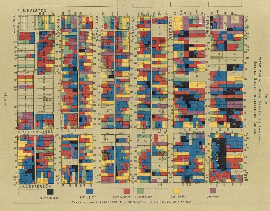 As published in Hull House Maps and Papers, 1895”, a map of housing units colored to represent the total earnings per week of a family for the section of Chicago, Illinois, from Polk Street to Twelfth, Halstead Street to Jefferson.