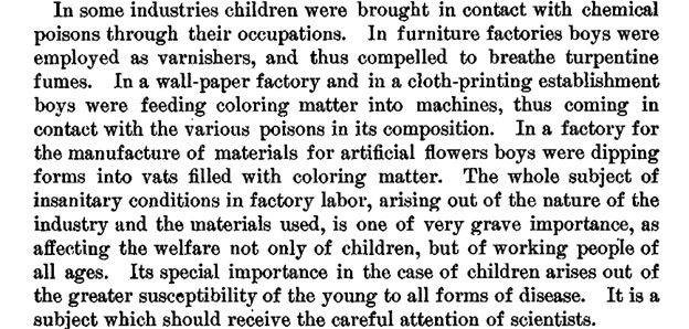 Excerpt from BLS Report “Child Labor in the United States” describing children’s contact with chemical poisons in the workplace.