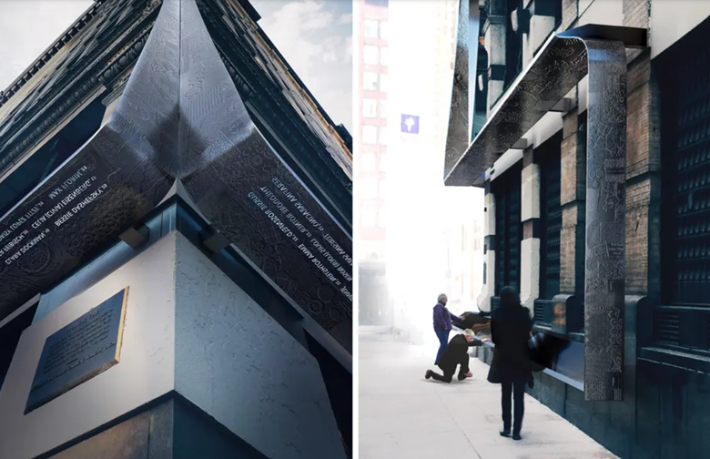 Left: Rendering of the completed memorial’s steel ribbon with names and ages of the victims etched in it as viewed from below. Right: Rendering of the completed memorial’s steel ribbon as viewed from the side.