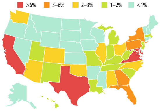 Federal employment by state, fiscal year 2013