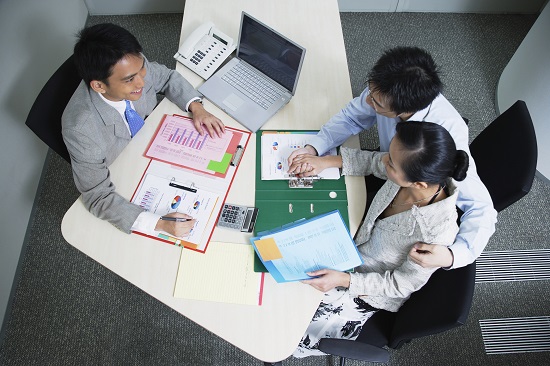 financial sales agent talking to clients