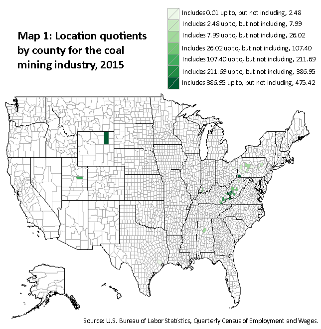 A map of the United States showing the location quotients by county for the coal mining industry, 2015. Source: U.S. Bureau of Labor Statistics, Quarterly Census of Employment and Wages.