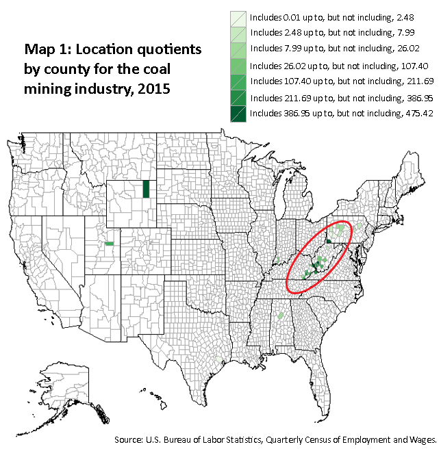 A map of the United States showing the location quotients for the coal mining industry, 2015. Source: U.S. Bureau of Labor Statistics, Quarterly Census of Employment and Wages.