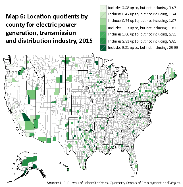 A map of the United States showing the location quotients by county for the electric power generation, transmission and distribution industry, 2015. Source: U.S. Bureau of Labor Statistics, Quarterly Census of Employment and Wages.