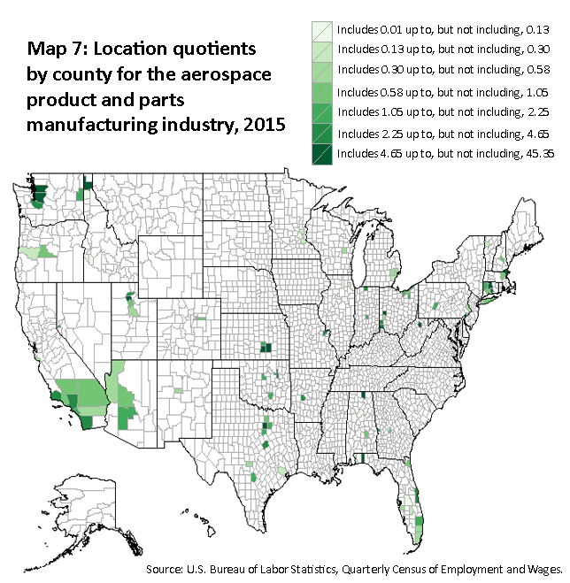 A map of the United States showing the location quotients by county for the aerospace product and parts manufacturing industry, 2015. Source: U.S. Bureau of Labor Statistics, Quarterly Census of Employment and Wages.