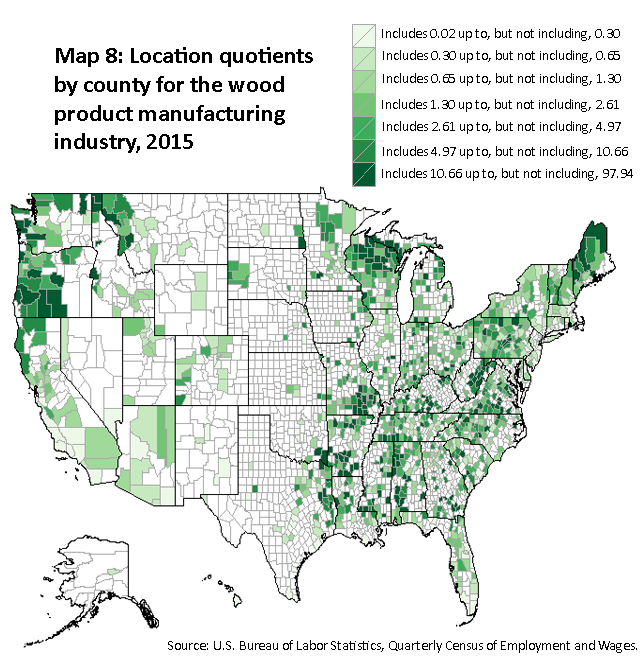 A map of the United States showing the location quotients by county for the wood product manufacturing industry, 2015. Source: U.S. Bureau of Labor Statistics, Quarterly Census of Employment and Wages.