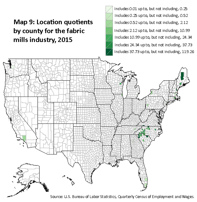 A map of the United States showing the location quotients by county for the fabric mills industry, 2015. Source: U.S. Bureau of Labor Statistics, Quarterly Census of Employment and Wages.
