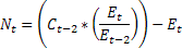 Equation 14. Noncovered employment for all County Business Pattern based industries, except religious organizations, direct life insurance carriers, and direct health and medical insurance carriers: Capital N sub t = open parenthesis captial C sub t minus 2 times open parenthesis capital E sub t divided by capital E sub t minus 2 close parenthesis, close parenthesis minus capital E sub t.