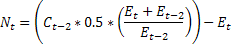 Equation 15. Noncovered employment for religious organizations: capital N sub t equals open parenthesis captial C sub t minus 2 times 0.5 times open parenthesis capital E sub t plus capital E sub t minus 2 both divided by capital E sub t minus 2 close parenthesis, close parenthesis minus capital E sub t.