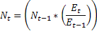 Equation 18. Noncovered employment using QCEW trend: capital N sub t equals open parenthesis capital N sub t minus 1 times open parenthesis captial E sub t divided by capital E sub t minus 1 close parenthesis, close parenthesis.