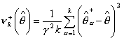 Equation 2. CES variance, v sub k as a function of theta hat equals one over gamma squared times k times the sum from alpha equals one to k of open parenthesis theta hat sub alpha minus theta hat close parenthesis squared.