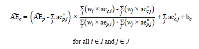 Equation 4. Current month estimate of all employees: the current month's estimate of AE equals open parenthesis capital AE hat sub p minus the sum from zero to j of ae star sub pj close parenthesis times the sum from zero to i of open parenthesis w sub i times ae sub ci close parenthesis minus the sum from zero to j of open parenthesis w sub j times ae star sub cj close parenthesis, all divided by the sum from zero to i of open parenthesis w sub i times ae sub pi close parenthesis minus the sum from zero to j of open parenthesis w sub j times ae star sub pj close parenthesis, plus the sum from zero to j of ae star sub cj plus b sub c.