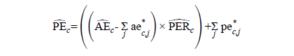 Equation 5. Current month estimate of production and nonsupervisory employees: the current month estimate of PE equals open parenthesis, open second parenthesis capital AE hat sub c minus the sum from zero to j of ae star sub cj close parenthesis times capital PER hat sub c close parenthesis plus the sum from zero to j of pe star sub cj.