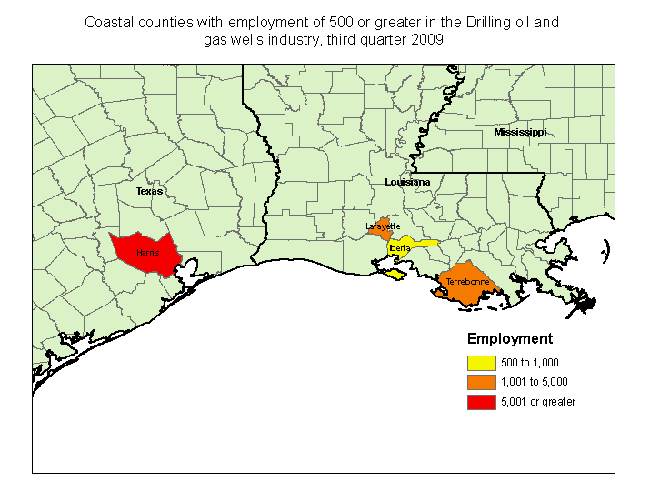 Coastal counties with employment of 500 or greater in the drilling oil and gas wells industry, third quarter 2009