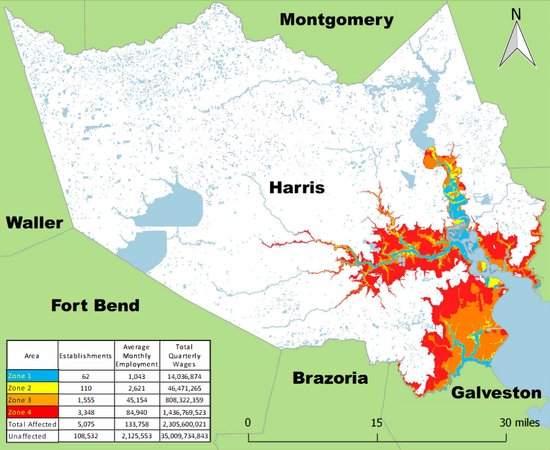 employment in Hurricane Storm Surge Flood Zone, Harris County TX