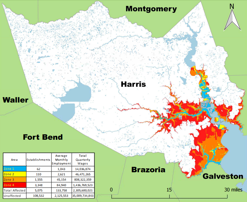 Employment in Hurricane Storm Surge Flood Zone, Harris County TX