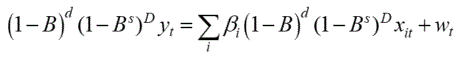 Equation for seasonal adjustment regARIMA model: open parenthesis one minus B close parenthesis to the d power times open parenthesis one minus B to the s power close parenthesis to the D power times y sub t equals the sum of i for all i's of beta sub i times open parenthesis one minus B close parenthesis to the d power times open parenthesis one minus B to the s power close parenthesis to the D power times x sub i t plus w sub t.