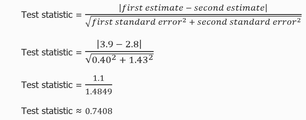 Test statistic equals the absolute value of the difference between estimates divided by the square root of the first standard error squared plus the second standard error squared