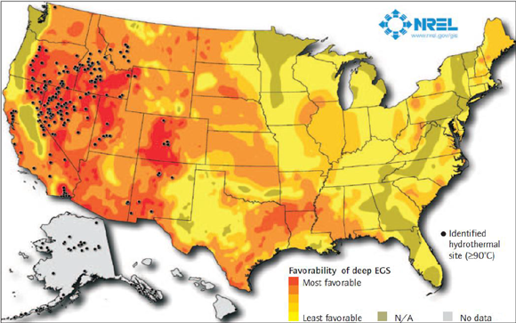 Map. 1 Geothermal resources of the U.S.: Locations of hydrothermal sites and favorability of deepEnhanced Geothermal Systems (EGS)