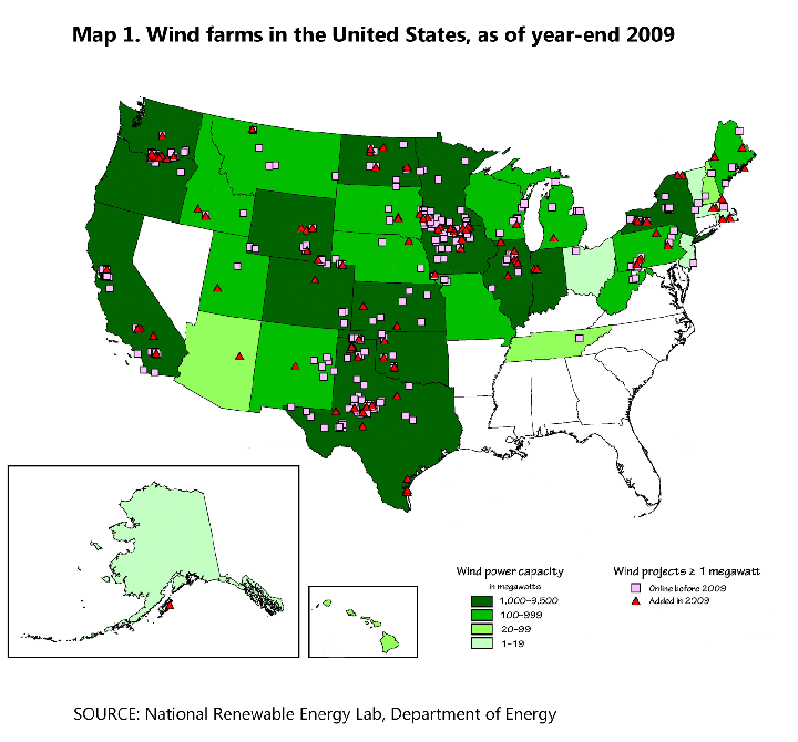 Map 1. Wind farms in the United States, as of year-end 2009
