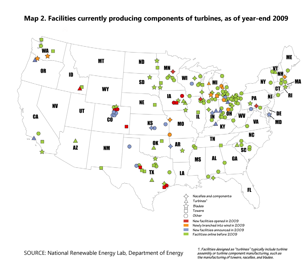 Map 2. Facilities currently producing components of turbines, as of year-end 2009