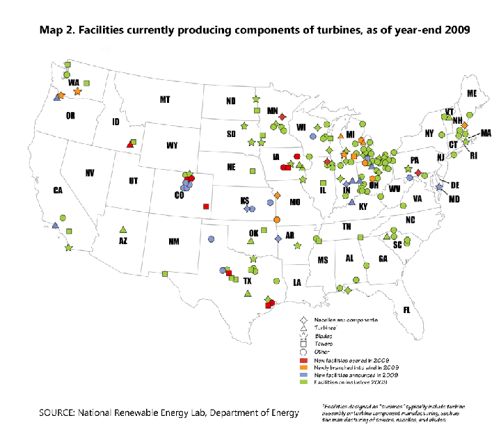 Map 2. Facilities currently producing components of turbines, as of year-end 2009
