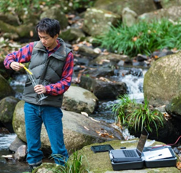 Man testing water of a stream