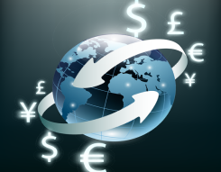 Image of different monetary signs placed around a globe