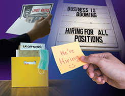Collage of layoff notices and hiring anouncements