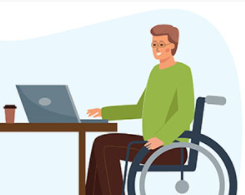Illustration of person in wheelchair using computer.