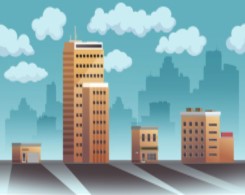 Images of various buildings in front of a city landscape