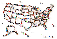 Map of the United States outlined with images of people