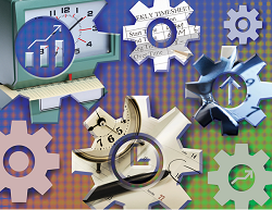Graphic with gears and clocks