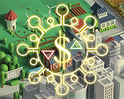 Virus diagram with dollar sign with urban area background
