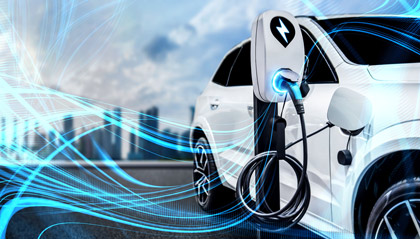Graphic of an electric vehicle using a charging station