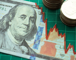 Illustration showing U.S. currency and line chart.