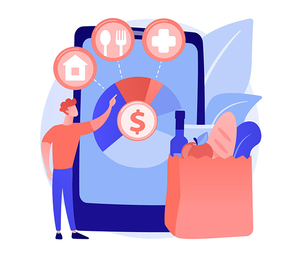 Graphic showing a consumer, a bag of groceries and a pie chart