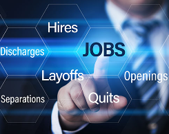 Jobs, Hires, Openings, Layoffs, Quits, Discharges (businessman pointing to labor market terms)