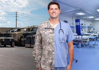 Man wearing military uniform and nurse outfit