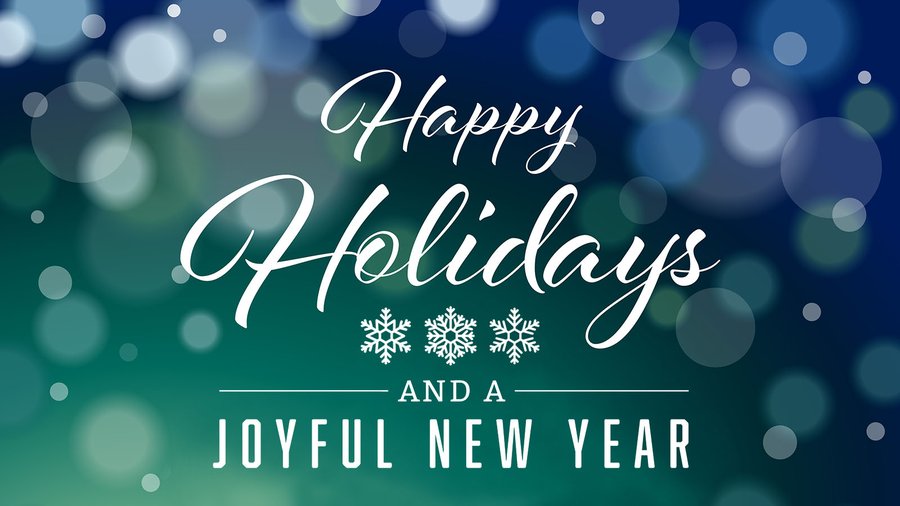 “Happy holidays”, followed by three snowflakes, followed by “and a joyful new year”. The background is blue and green. Circles are randomly spread across the background.