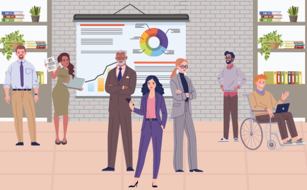 Group of business workers standing in front a whiteboard with charts and graphs.