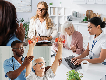 Three scenarios of healthcare workers helping patients. Woman healthcare worker listening to a female patient while taking notes on a clipboard.  Woman listening to an elderly woman while typing on a laptop.  Male healthcare worker helping an older patient lift dumbbells over his head.