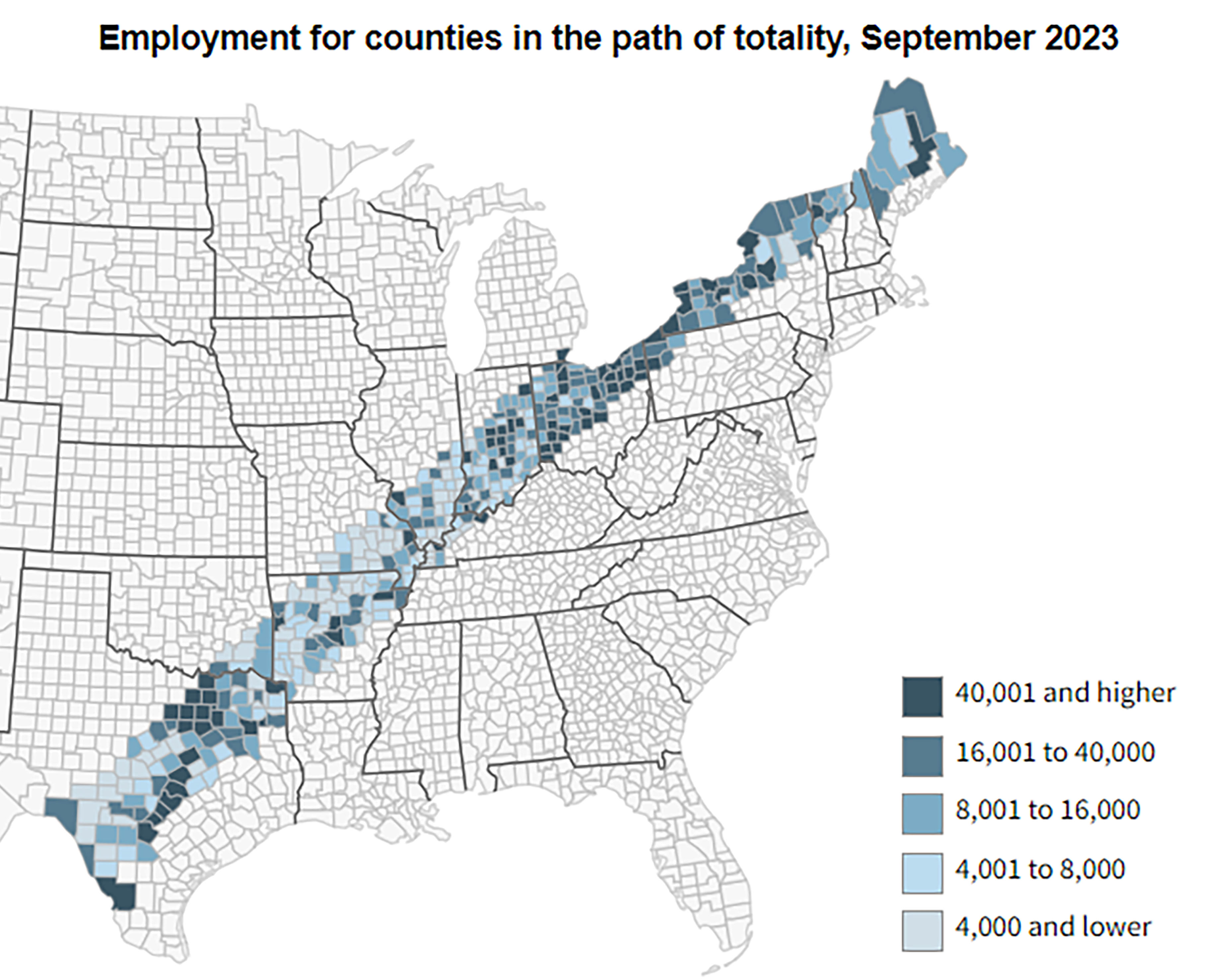 U.S. map showing employment in the path of totality