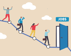 Chart illustration with workers and Jobs door.